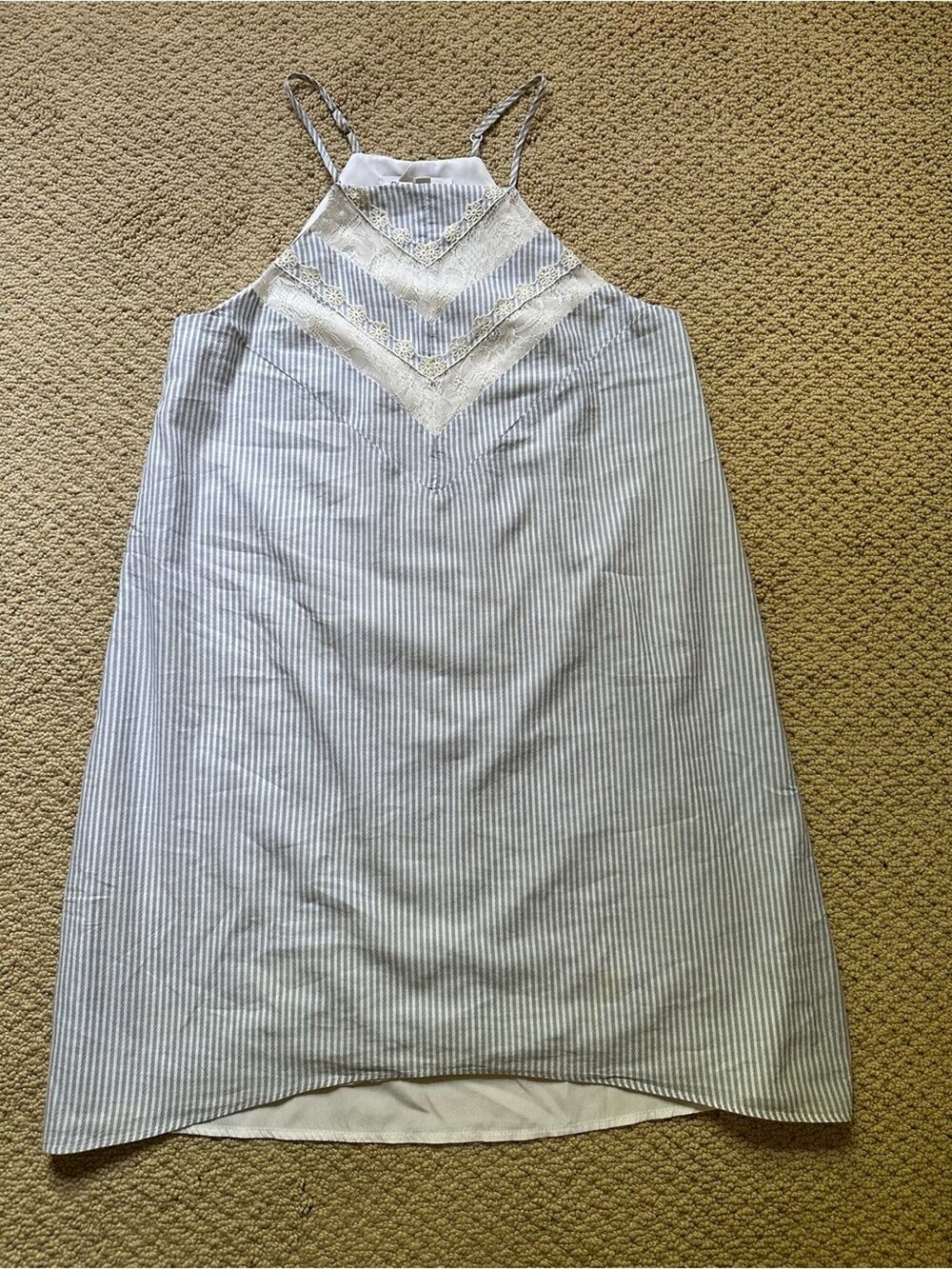 BCBGeneration Seersucker Striped Sundress Size S Blue White Lace Mini Dress Boho